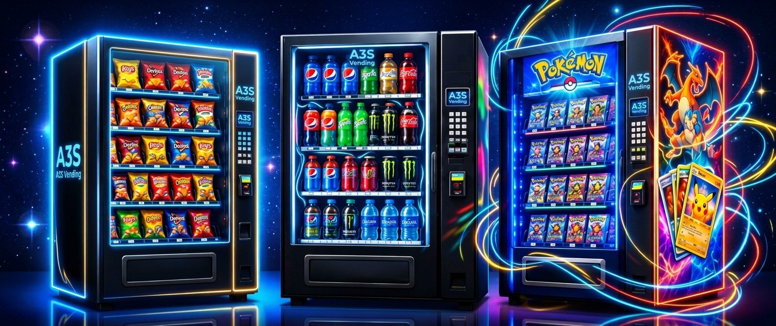 A3S vending machines for snacks, drinks, and trading cards